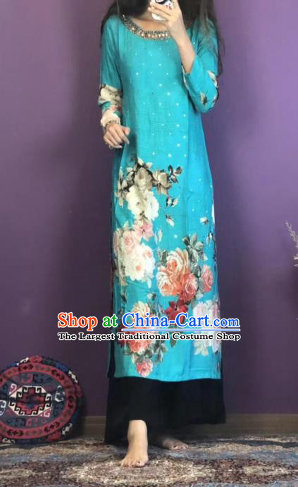 Thailand Traditional Printing Roses Kurta Dress Asian Thai National Blue Cotton Dress and Loose Pants Photography Costumes for Women