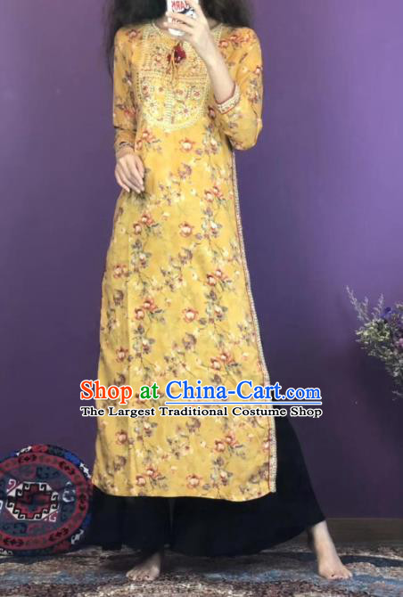 Thailand Traditional Printing Flowers Kurta Dress Asian Thai National Yellow Cotton Dress and Loose Pants Photography Costumes for Women