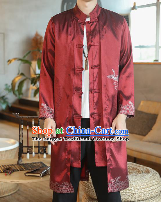 Chinese Traditional Embroidered Wave Purplish Red Dust Coat Tang Suit Overcoat Costumes Outer Garment for Men