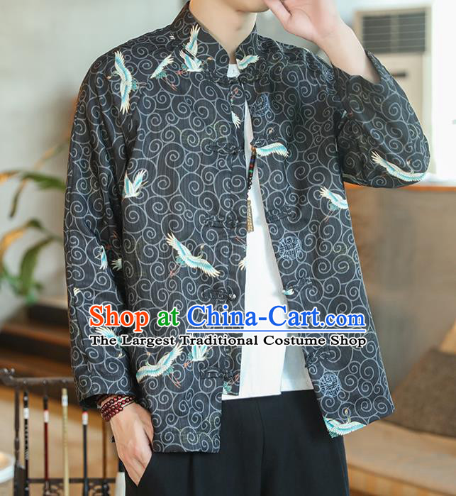 Chinese Traditional Printing Cranes Black Flax Jacket Tang Suit Overcoat Outer Garment Costumes for Men