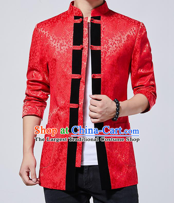 Chinese Traditional Sun Yat Sen Red Jacket Tang Suit Overcoat Outer Garment Costumes for Men