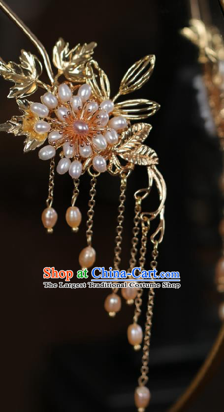 Handmade Chinese Cheongsam Pearls Flower Hair Clip Traditional Hanfu Hair Accessories Golden Tassel Hairpins for Women