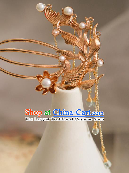 Chinese Cheongsam Golden Phoenix Hair Comb Traditional Hanfu Hair Accessories Handmade Song Dynasty Tassel Hairpins for Women