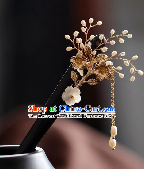 Chinese Cheongsam Ebony Hair Clip Traditional Hanfu Hair Accessories Handmade Shell Plum Tassel Hairpins for Women