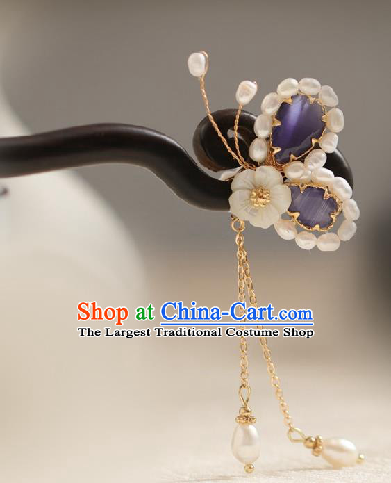 Chinese Cheongsam Pearls Ebony Hair Clip Traditional Hanfu Hair Accessories Handmade Purple Butterfly Hairpins for Women