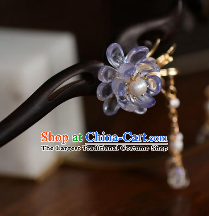 Handmade Chinese Cheongsam Crystal Flower Hair Clip Traditional Hanfu Hair Accessories Ebony Hairpins for Women