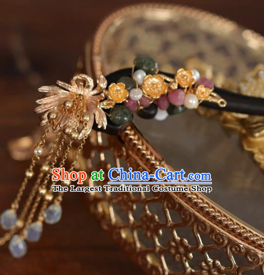 Chinese Cheongsam Jade Ebony Hair Clip Traditional Hanfu Hair Accessories Handmade Golden Plum Tassel Hairpins for Women