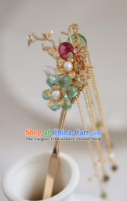 Chinese Cheongsam Green Glass Plum Hair Clip Traditional Hanfu Hair Accessories Handmade Golden Tassel Hairpins for Women