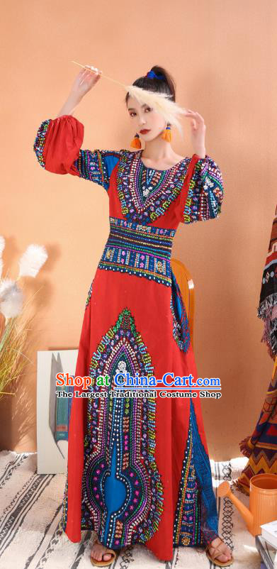 Thailand Traditional Embroidery Beads Red Dress Photography Morocco National Informal Costumes for Women