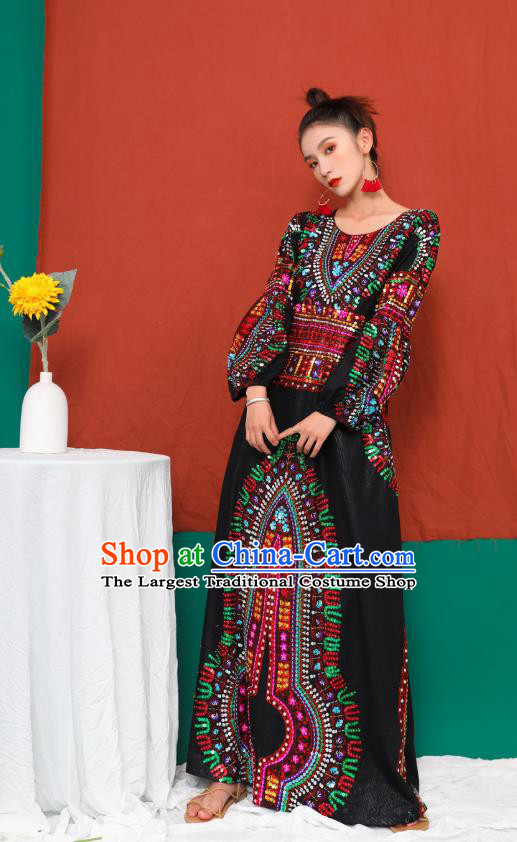 Thailand Traditional Embroidery Beads Black Dress Photography Morocco National Informal Costumes for Women