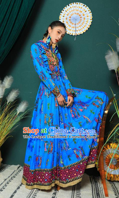 Thailand Traditional Embroidery Beads Blue Dress Photography Morocco National Informal Costumes for Women