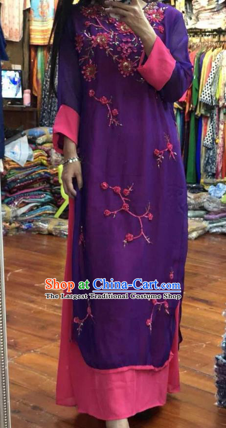 Thailand Traditional Handmade Embroidery Purple Dress Photography Asian Indian National Informal Costumes for Women