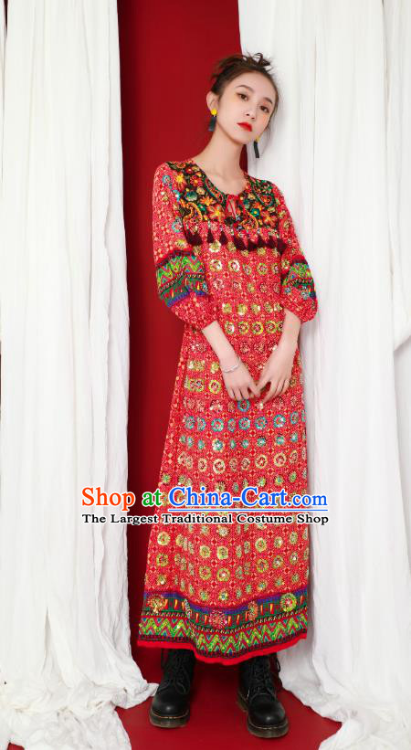 Thailand Traditional Handmade Red Dress Photography Asian Indian National Informal Beading Costumes for Women