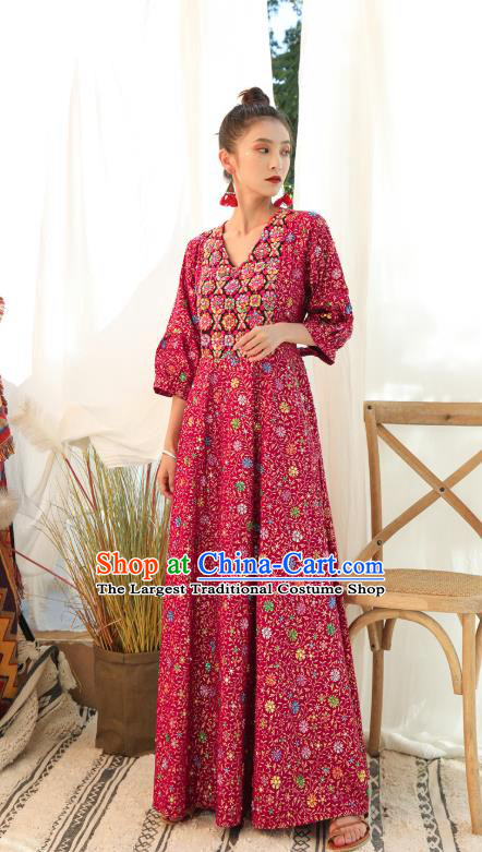 Thailand Traditional Handmade Magenta Dress Photography Asian Thai National Informal Costumes for Women