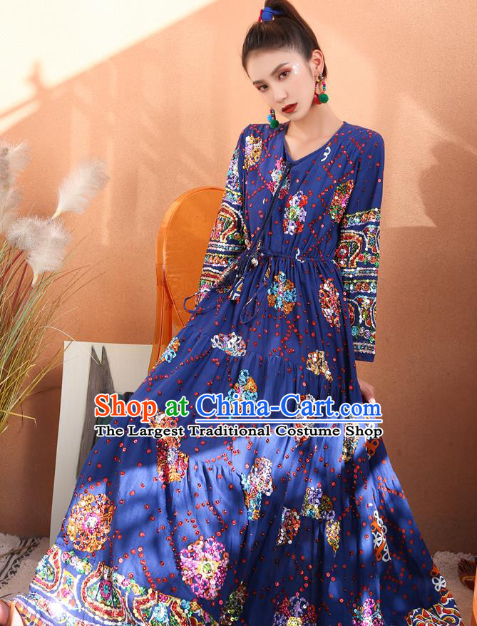 Thailand Traditional Handmade Navy Blue Dress Photography Asian Thai National Embroidered Sequins Informal Costumes for Women