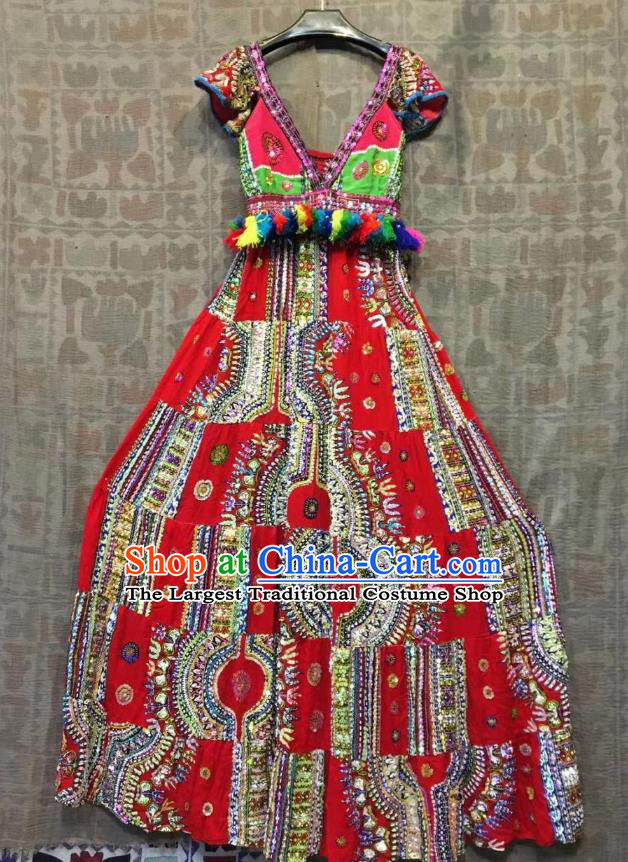 Thailand Traditional Handmade Sequins Red Dress Photography Asian Thai National Embroidered Beach Costumes for Women