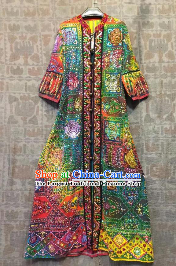 Thailand Traditional Sequins Dress Photography Asian Thai National Embroidered Beach Dress Costumes for Women