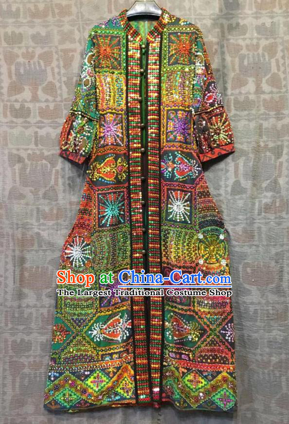 Thailand Traditional Embroidered Green Sequins Dress Photography Asian Thai National Beach Dress Costumes for Women