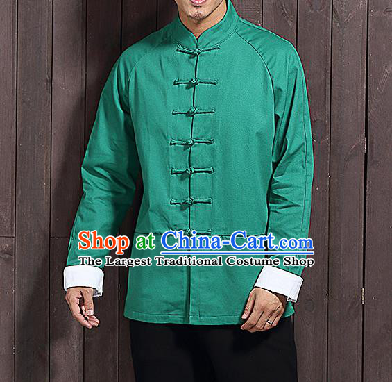 Chinese Traditional Green Sun Yat Sen Jacket Tang Suit Overcoat Outer Garment Stand Collar Costumes for Men