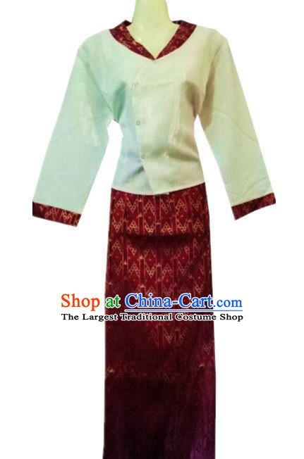 Chinese Dai Nationality Costumes Traditional Dai Ethnic Work White Blouse and Purplish Red Skirt Outfits for Women