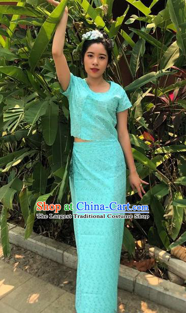 Chinese Dai Nationality Dance Costumes Traditional Dai Ethnic Light Blue Blouse and Straight Skirt Full Set for Women