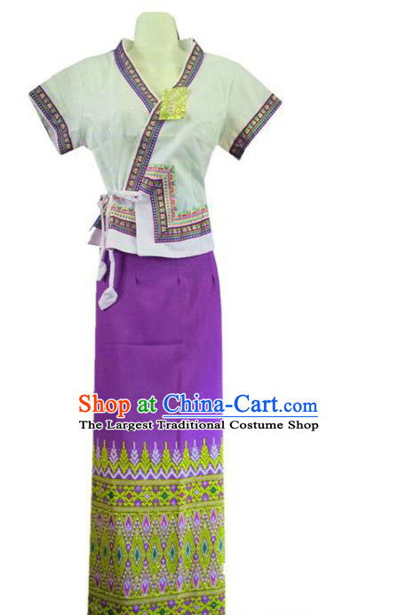 Chinese Dai Nationality Stage Show Outfit Costumes Traditional Dai Ethnic Folk Dance White Blouse and Purple Straight Skirt Complete Set