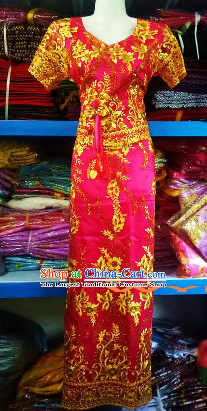 Rosy Chinese Dai Nationality Embroidered Outfit Costumes Traditional Dai Ethnic Folk Dance Blouse and Straight Skirt Full Set