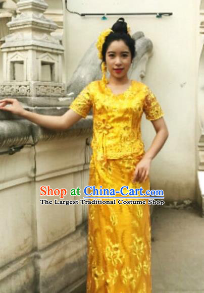 Golden Chinese Dai Nationality Embroidered Outfit Costumes Traditional Dai Ethnic Folk Dance Blouse and Straight Skirt Full Set