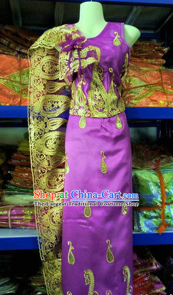 Traditional Chinese Dai Nationality Purple Blouse and Straight Skirt Outfit Dai Ethnic Dance Costumes with Tippet Veil