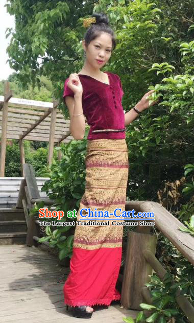 Chinese Dai Nationality Fashion Costumes Traditional Dai Ethnic Wine Red Velvet Blouse and Straight Skirt Outfits