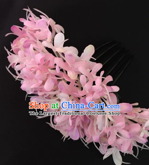 Chinese Dai Nationality Dance Pink Flowers Hairpin Traditional Ethnic Hair Accessories Handmade Hair Comb for Women