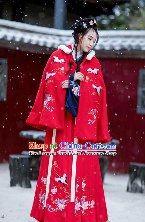 Chinese Ming Dynasty Woolen Costumes Traditional Winter Hanfu Garment Ancient Embroidered Crane Red Short Cloak for Women