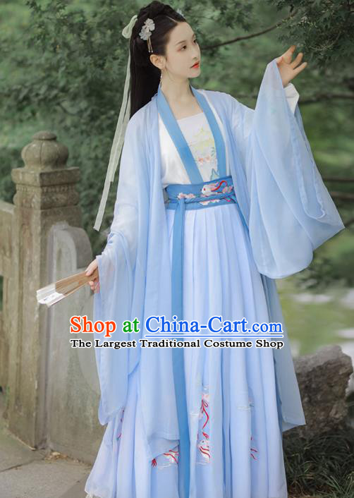 Chinese Tang Dynasty Costumes Ancient Noble Lady Embroidered Blue Cape Blouse and Skirt Traditional Hanfu Apparels