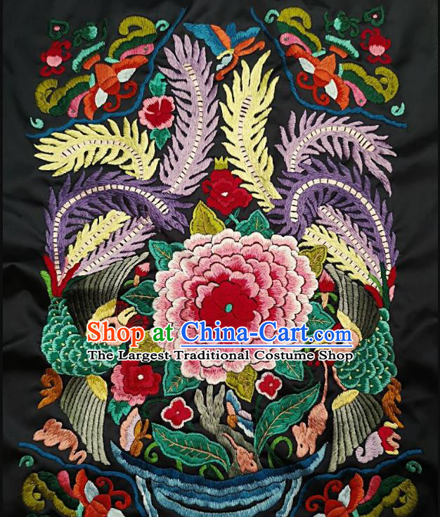 Chinese Traditional Embroidered Pink Peony Fabric Patches Handmade Embroidery Craft Miao Ethnic Accessories Embroidering Green Phoenix Applique