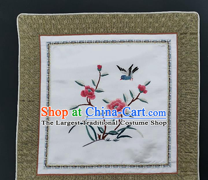 Traditional Chinese Embroidered Peony Flowers Fabric Patches Handmade Embroidery Craft Accessories Embroidering Bird White Silk Cushion Applique