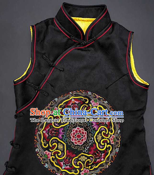 Chinese Traditional Embroidered Black Silk Vest Handmade Embroidery Costume Tang Suit Waistcoat for Adult