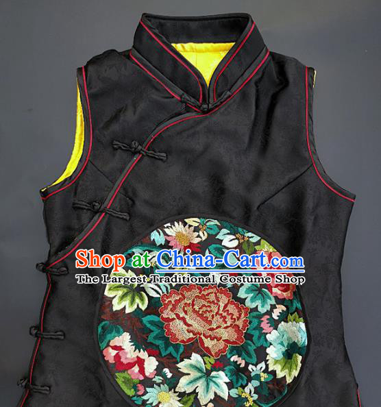 Chinese Traditional Embroidered Peony Vest Handmade Embroidery Costume Tang Suit Black Silk Waistcoat for Adult