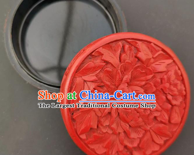 Chinese Handmade Carving Peony Lacquer Rouge Box Traditional Lacquerware Craft Red Inkpad Box