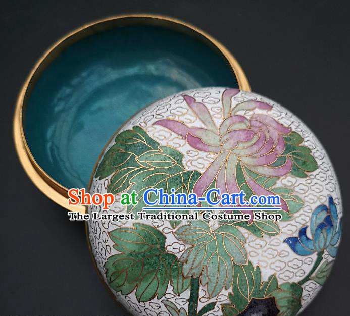 Chinese Traditional Cloisonne Chrysanthemum Pattern Rouge Box Handmade Brass Craft Enamel White Inkpad Box Accessories