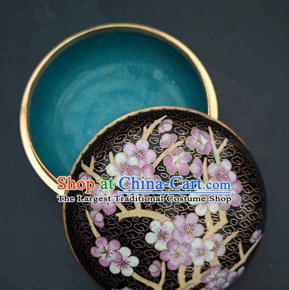 Chinese Traditional Cloisonne Plum Blossom Pattern Rouge Box Handmade Brass Craft Enamel Black Inkpad Box Accessories