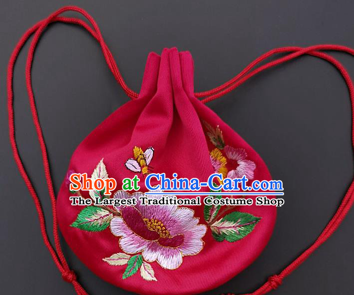 Chinese Traditional Handmade Embroidered Peony Rosy Silk Sachet Perfumed Silk Bag