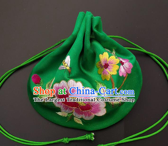 Chinese Traditional Handmade Embroidered Peony Green Silk Sachet Perfumed Silk Bag