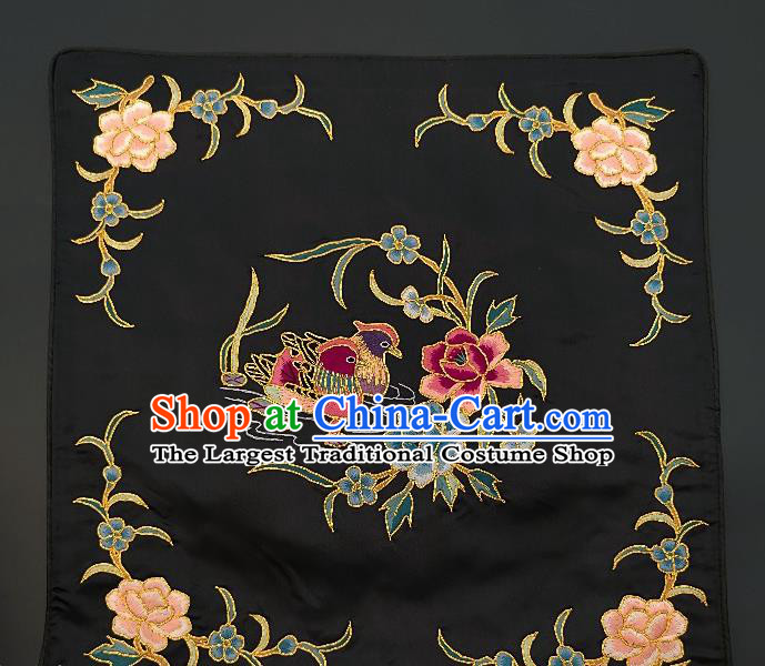 Chinese Traditional Embroidered Peony Mandarin Duck Cushion Fabric Handmade Embroidery Craft Embroidering Black Silk Applique