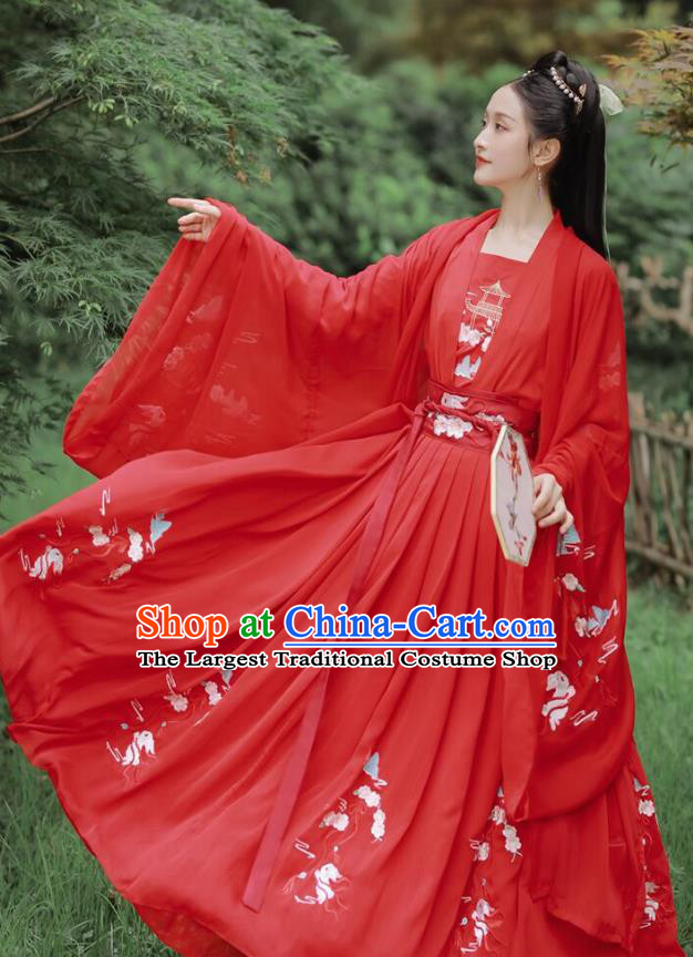 Chinese Tang Dynasty Embroidered Costumes Traditional Ancient Princess Hanfu Garment Red Cloak Blouse and Skirt for Women