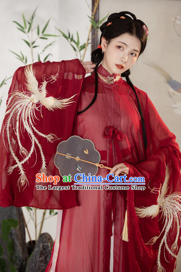 Traditional Chinese Ming Dynasty Patrician Female Costumes Ancient Noble Lady Hanfu Garment Embroidered Red Blouse and Skirt Full Set