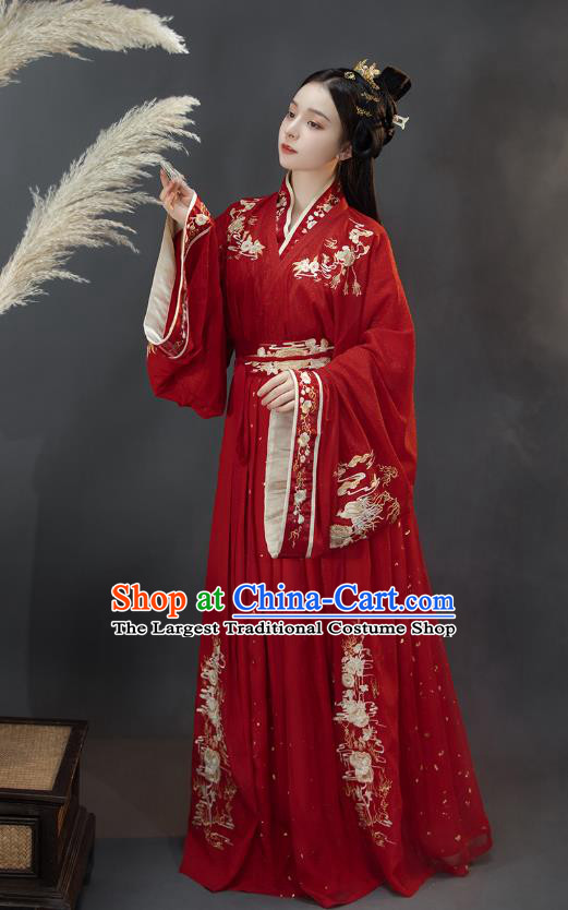 Traditional Chinese Jin Dynasty Princess Costumes Ancient Wedding Hanfu Garment Embroidered Red Blouse and Skirt for Patrician Woman