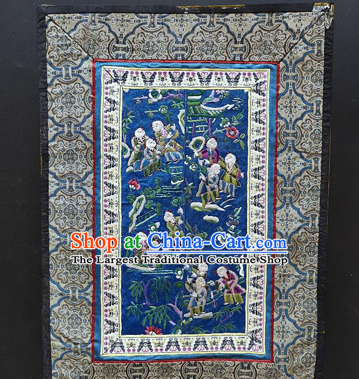 Chinese National Embroidered Boys Blue Silk Paintings Traditional Handmade Embroidery Craft Decorative Wall Picture