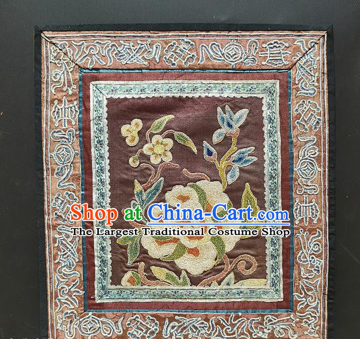 Chinese National Embroidered Peony Brown Silk Paintings Traditional Handmade Embroidery Craft Decorative Wall Picture