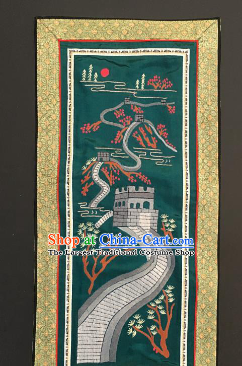 Chinese National Embroidered Deep Green Paintings Traditional Handmade Embroidery The Great Wall Craft Decorative Silk Picture