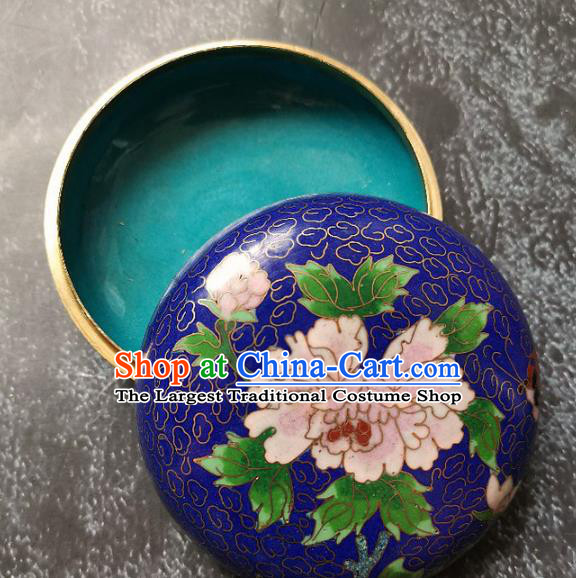 Chinese Traditional Enamel Royalblue Inkpad Box Accessories Cloisonne Peony Pattern Rouge Box Handmade Brass Craft